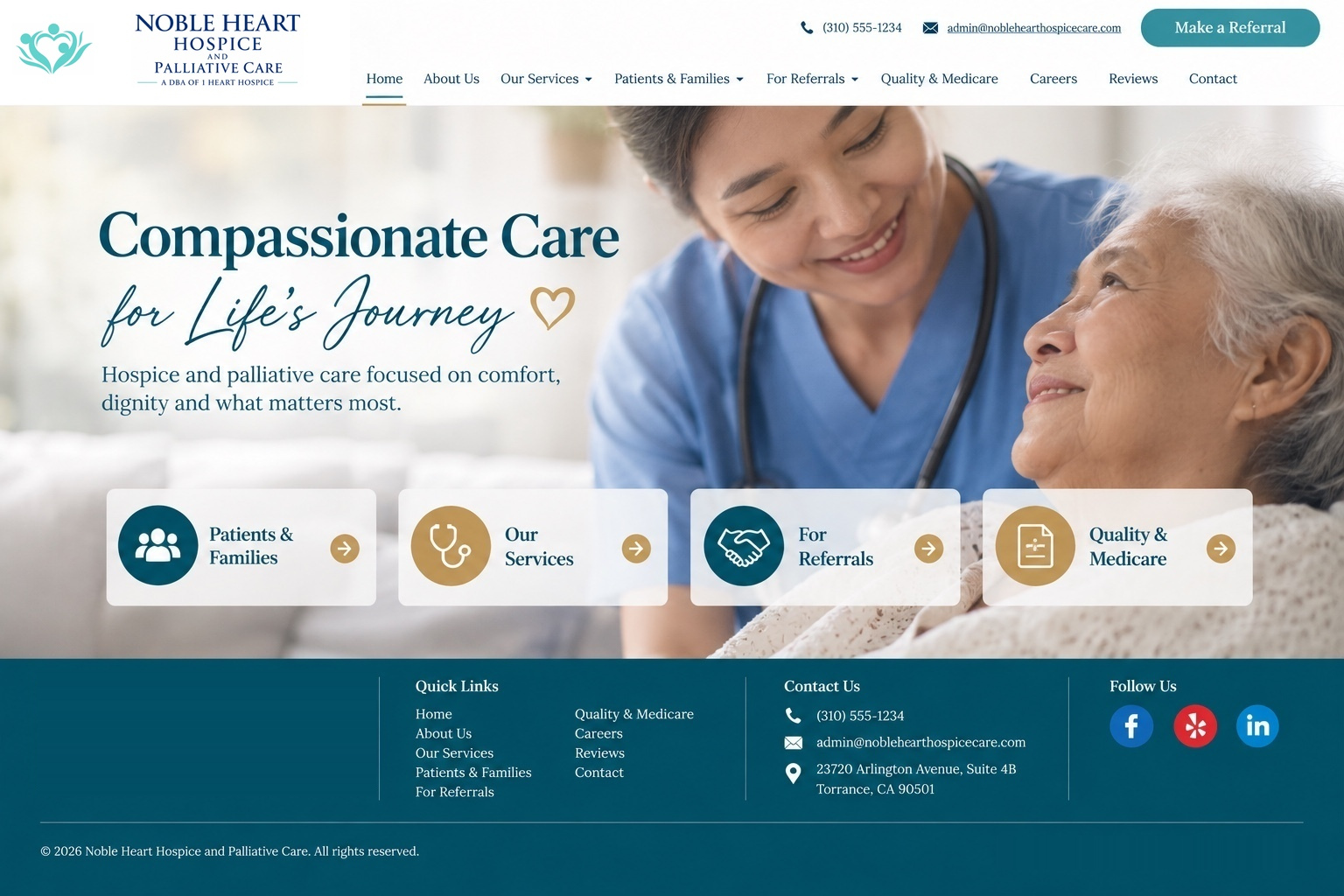 Noble Heart Hospice and Palliative Care homepage with caregiver and patient
